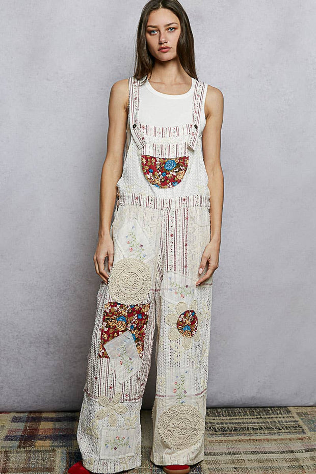Floral Patchwork Woven Overalls