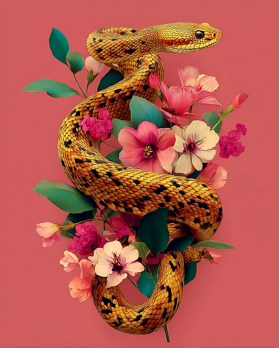 Wildlife Art Prints - Snake and Flowers