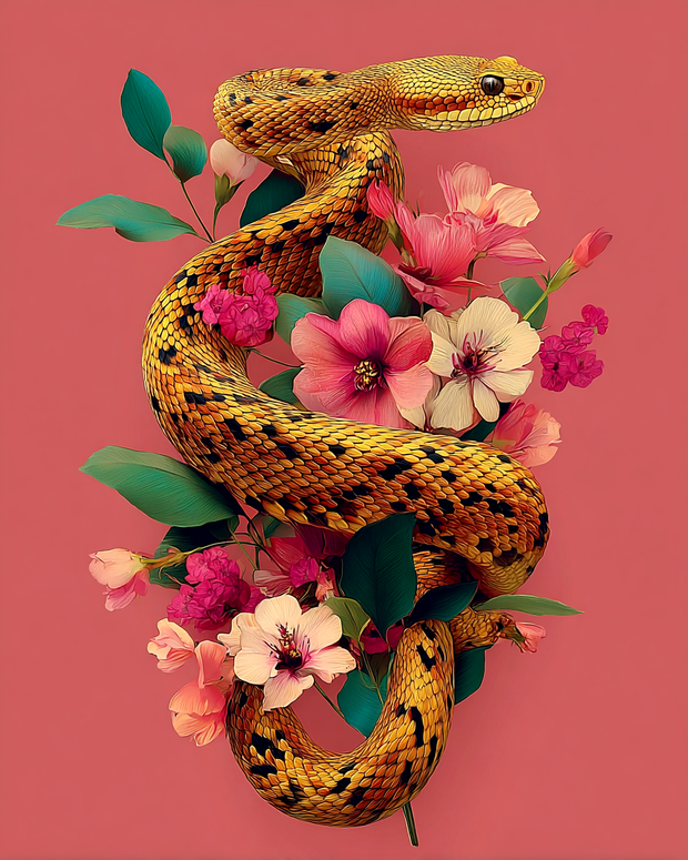 Wildlife Art Prints - Snake and Flowers