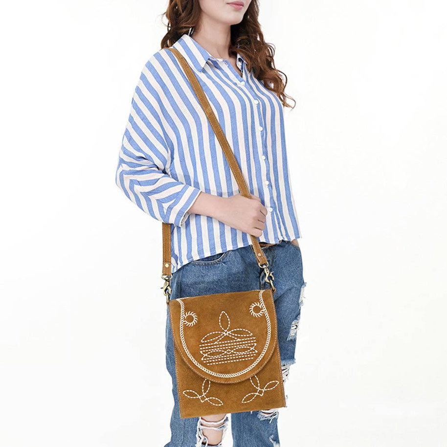 Western Flap Crossbody Bag with White Rope & Floral Stitch