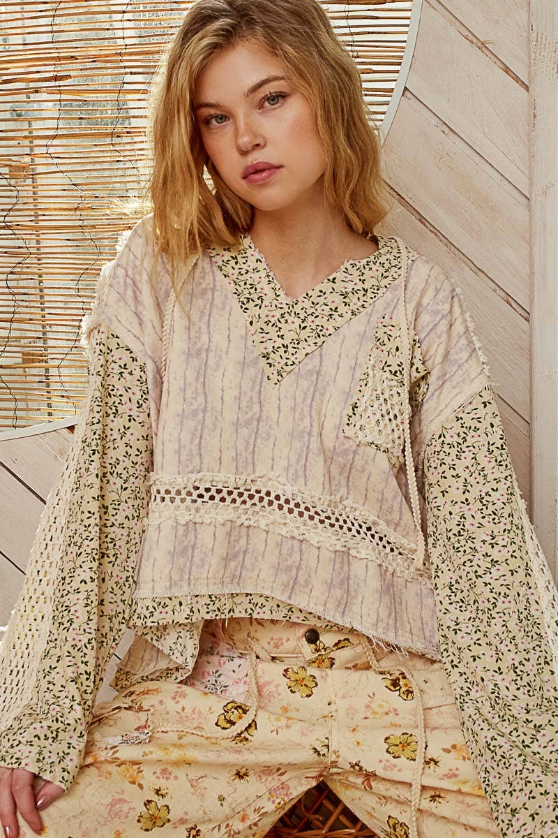 V-Neck Floral Patch Hooded Top