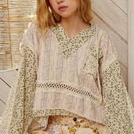 V-Neck Floral Patch Hooded Top