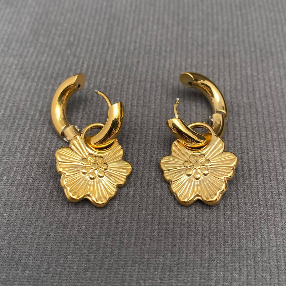 18K GP S. Steel Flower Huggie Earrings