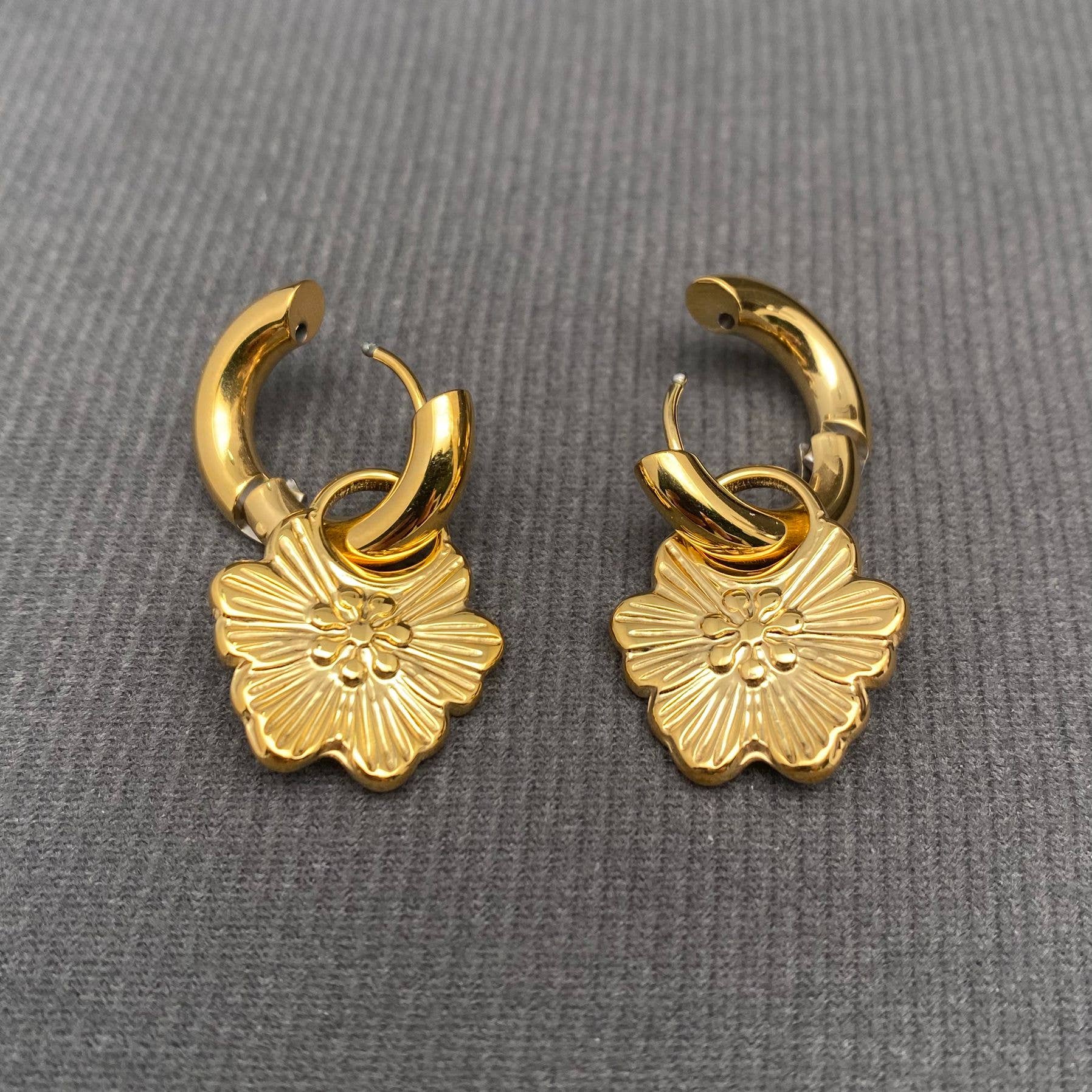 18K GP S. Steel Flower Huggie Earrings
