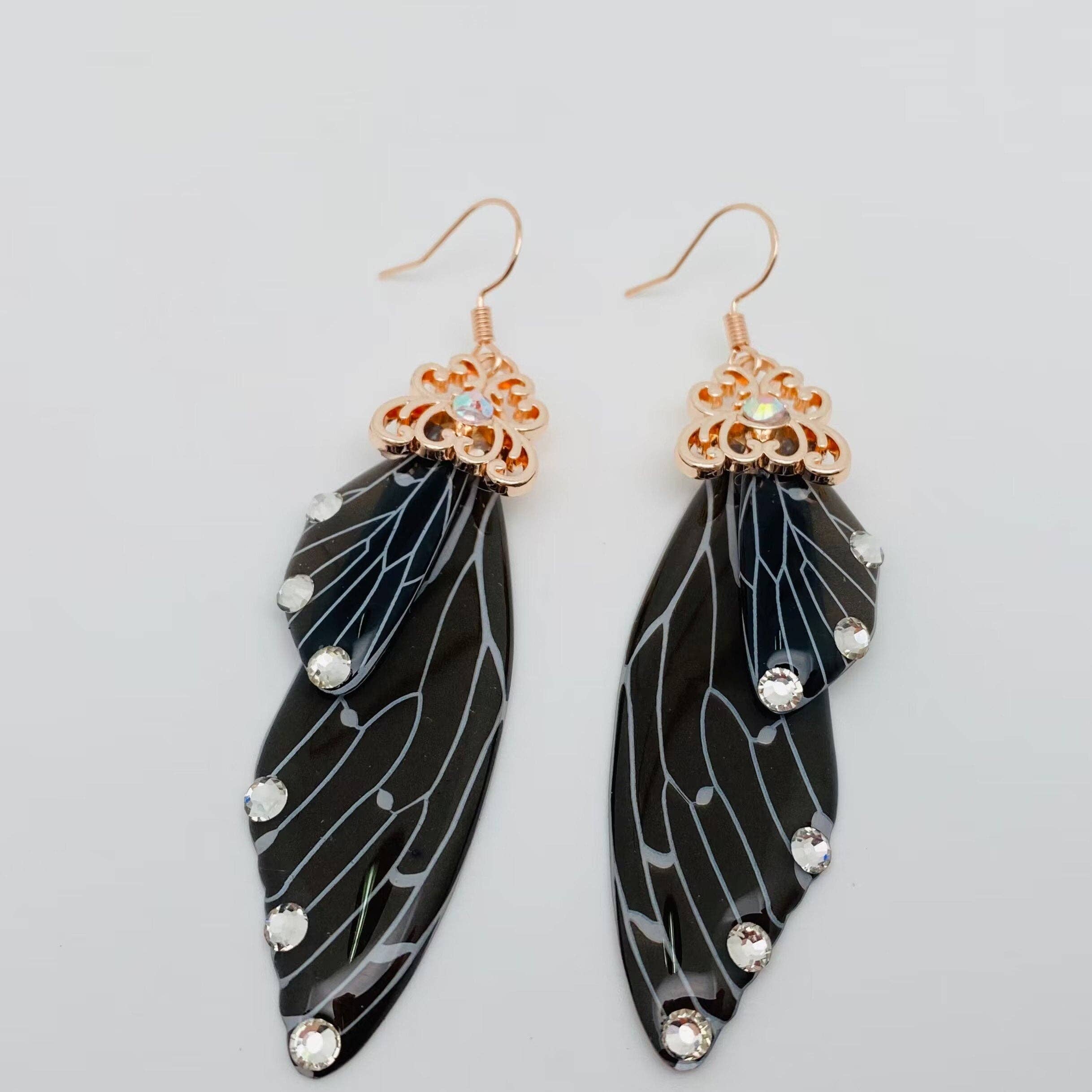 Black Cicada Rhinestone Wings Earrings