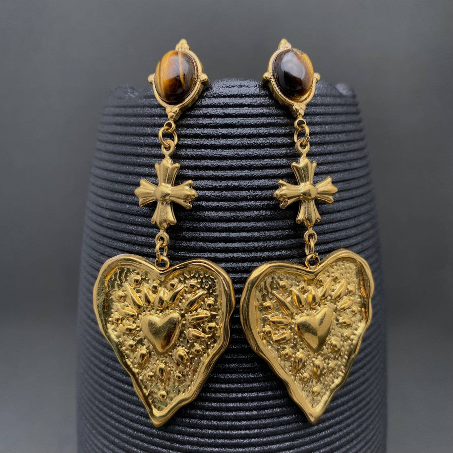 Hammered heart-shaped pattern 18K Golden SS Earrings