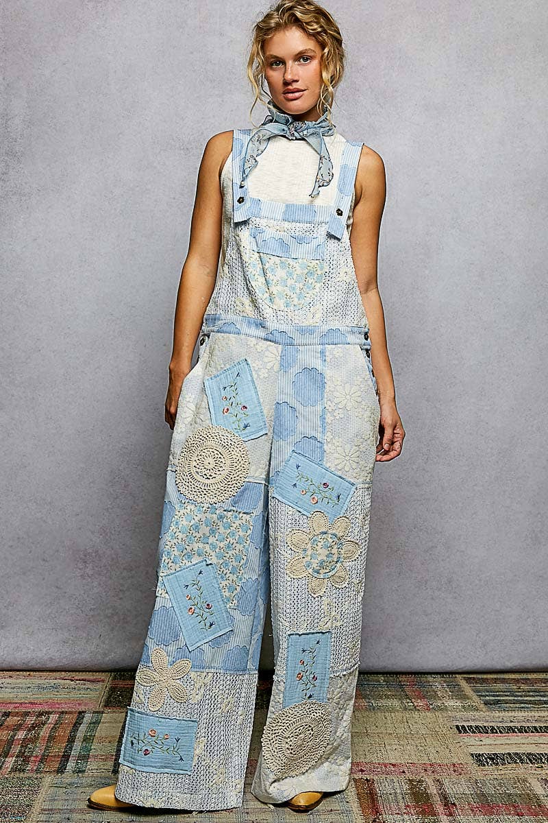Floral Patchwork Woven Overalls