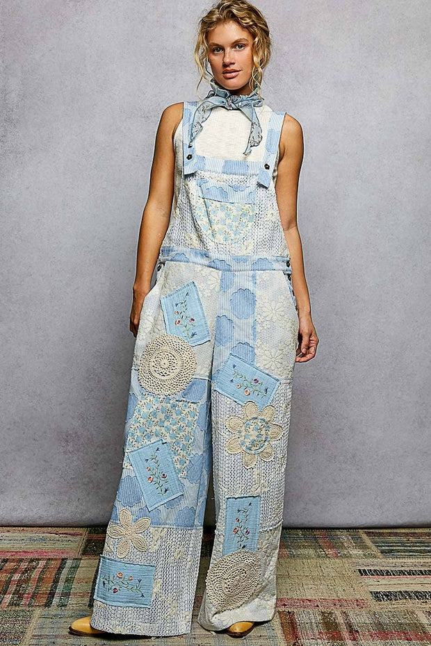 Floral Patchwork Woven Overalls