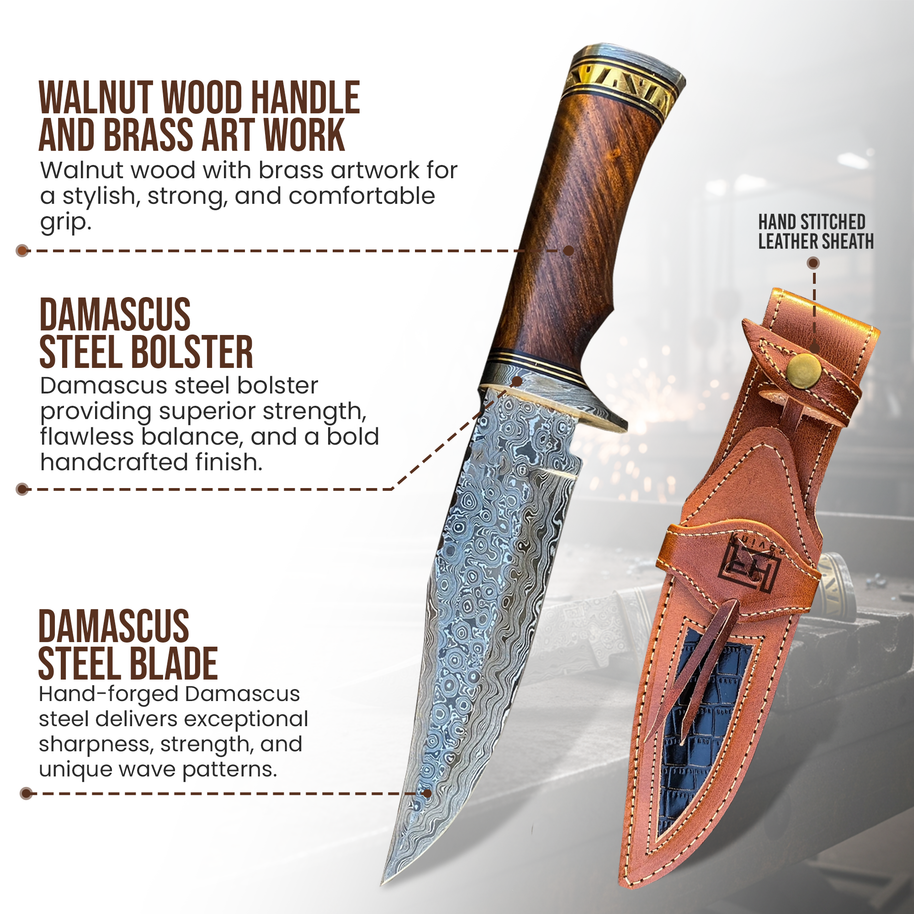 Large Damascus Knife, Round Wood Handle