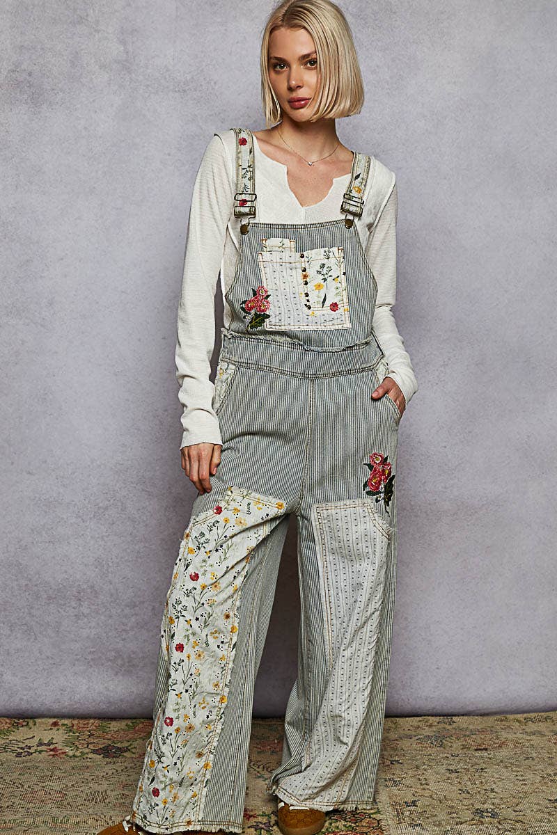 Pol Clothing Floral Patchwork Embroidery Overall