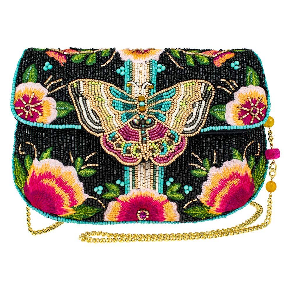 Hand-Beaded Black Butterfly Crossbody
