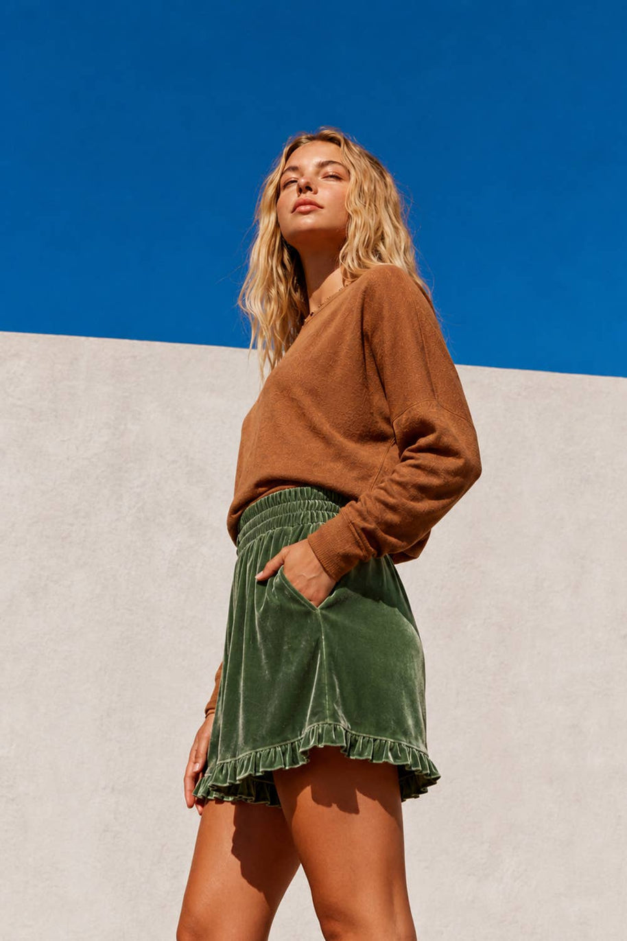High-Waist Ruffle Velour Shorts