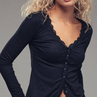 Lace Trim Button-Front Ribbed Knit Top