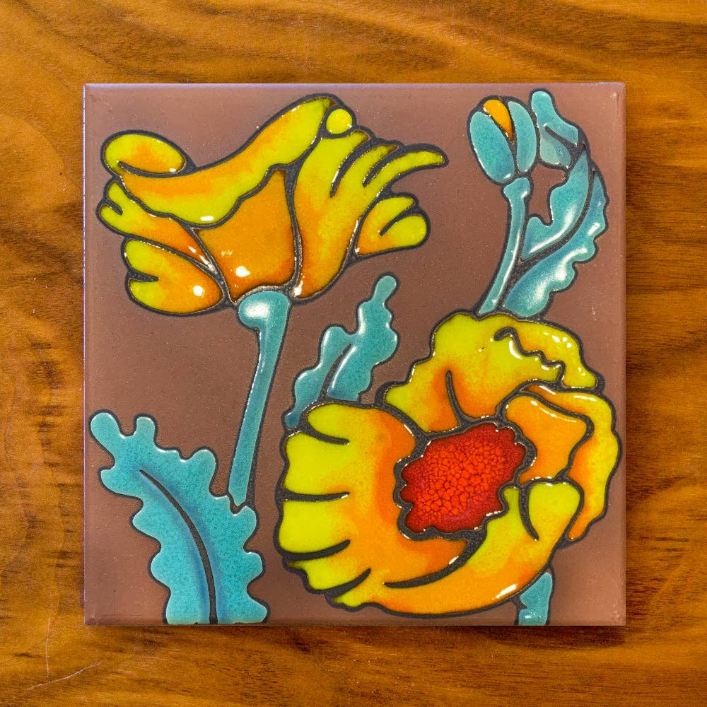 Desert Poppy Bloom Hand Glazed Art Tile Trivet