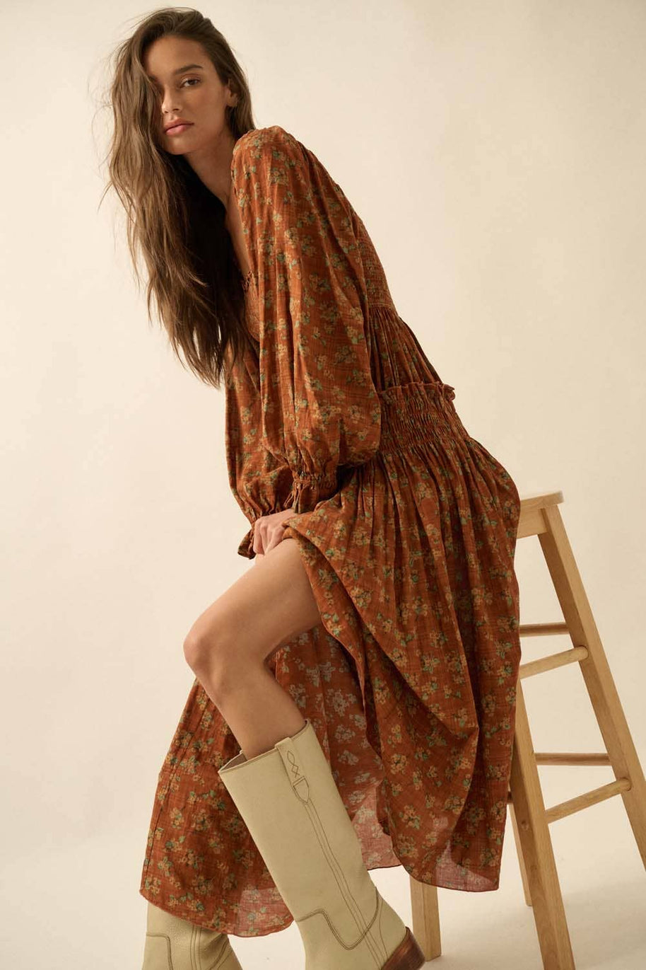 Smocked Floral Bubble-Sleeve Midi Dress, Caramel