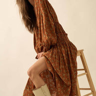 Smocked Floral Bubble-Sleeve Midi Dress, Caramel