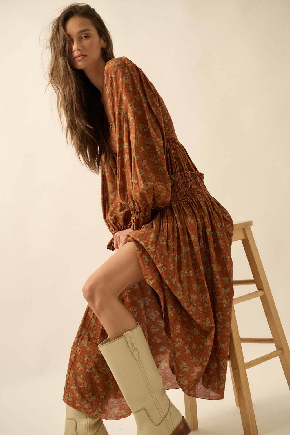 Smocked Floral Bubble-Sleeve Midi Dress, Caramel