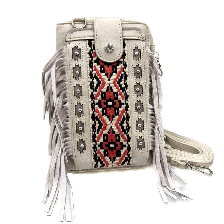 Aztec Tribal Print Fringe Crossbody Western Phone Wallet