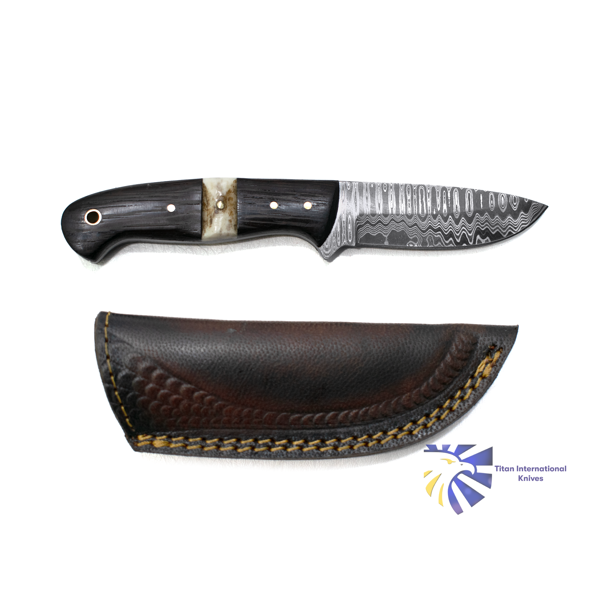 Damascus Knife Horn & Bone Handle, Handmade