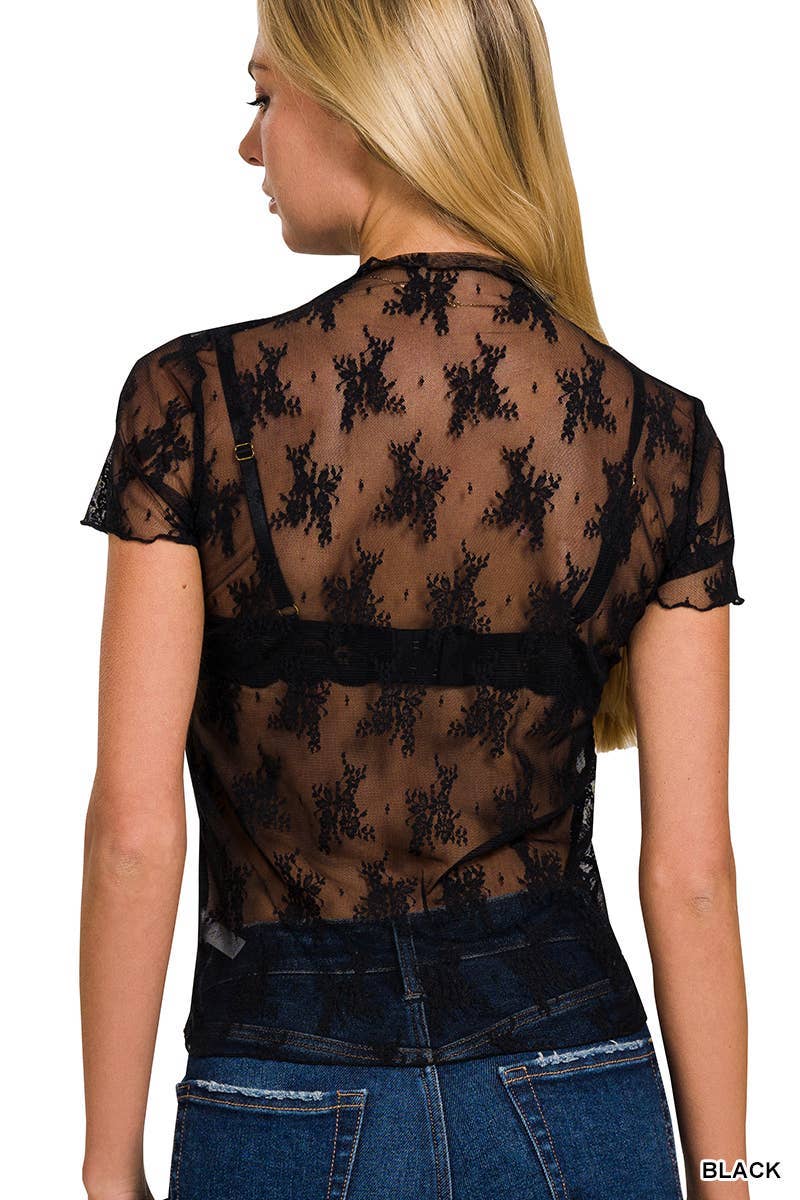 Lace Short-Sleeve Layering Top, Black