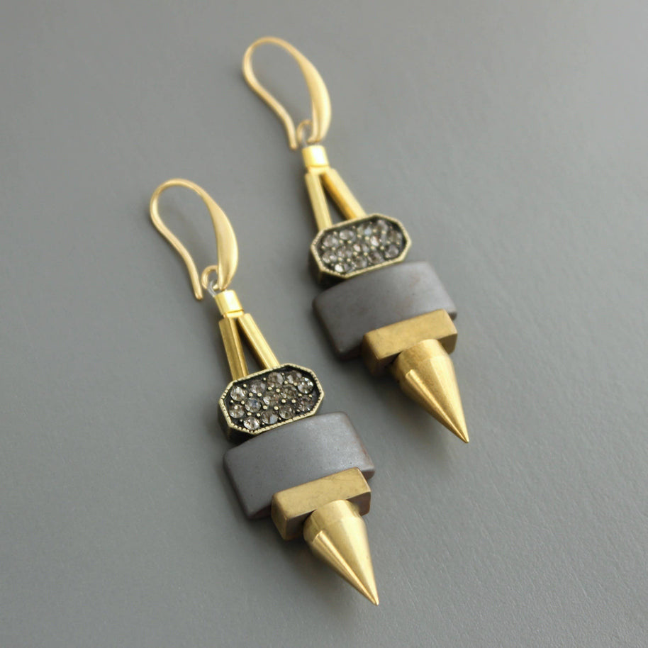 ArtDeco hematite and brass earrings