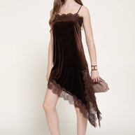 Straight Neck Lace Trim Asymmetrical Velvet Mini Dress