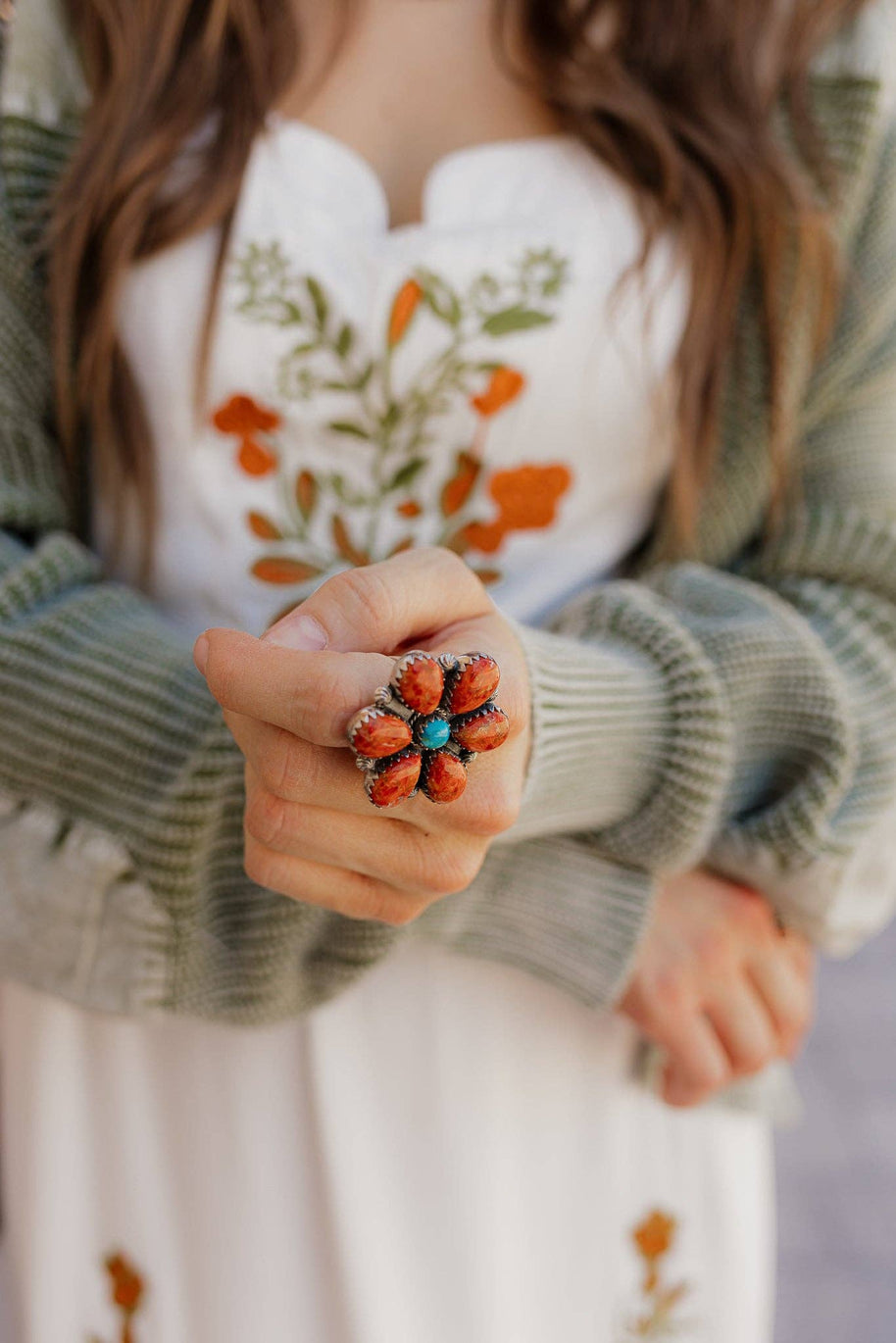 Orange Spiny Oyster Sterling Blossom Ring