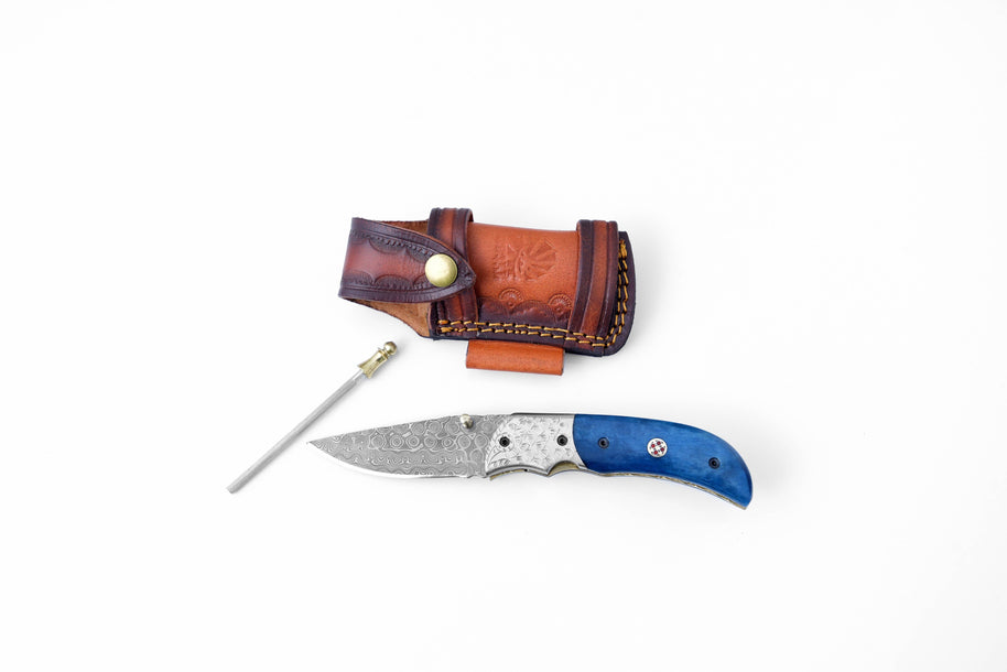 Damascus Steel Folding Knife Dyed Blue Bone