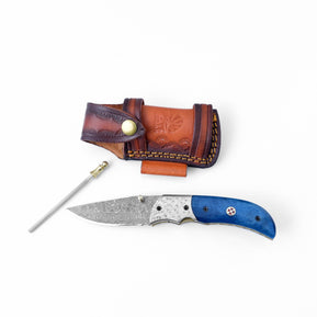 Damascus Steel Folding Knife Dyed Blue Bone