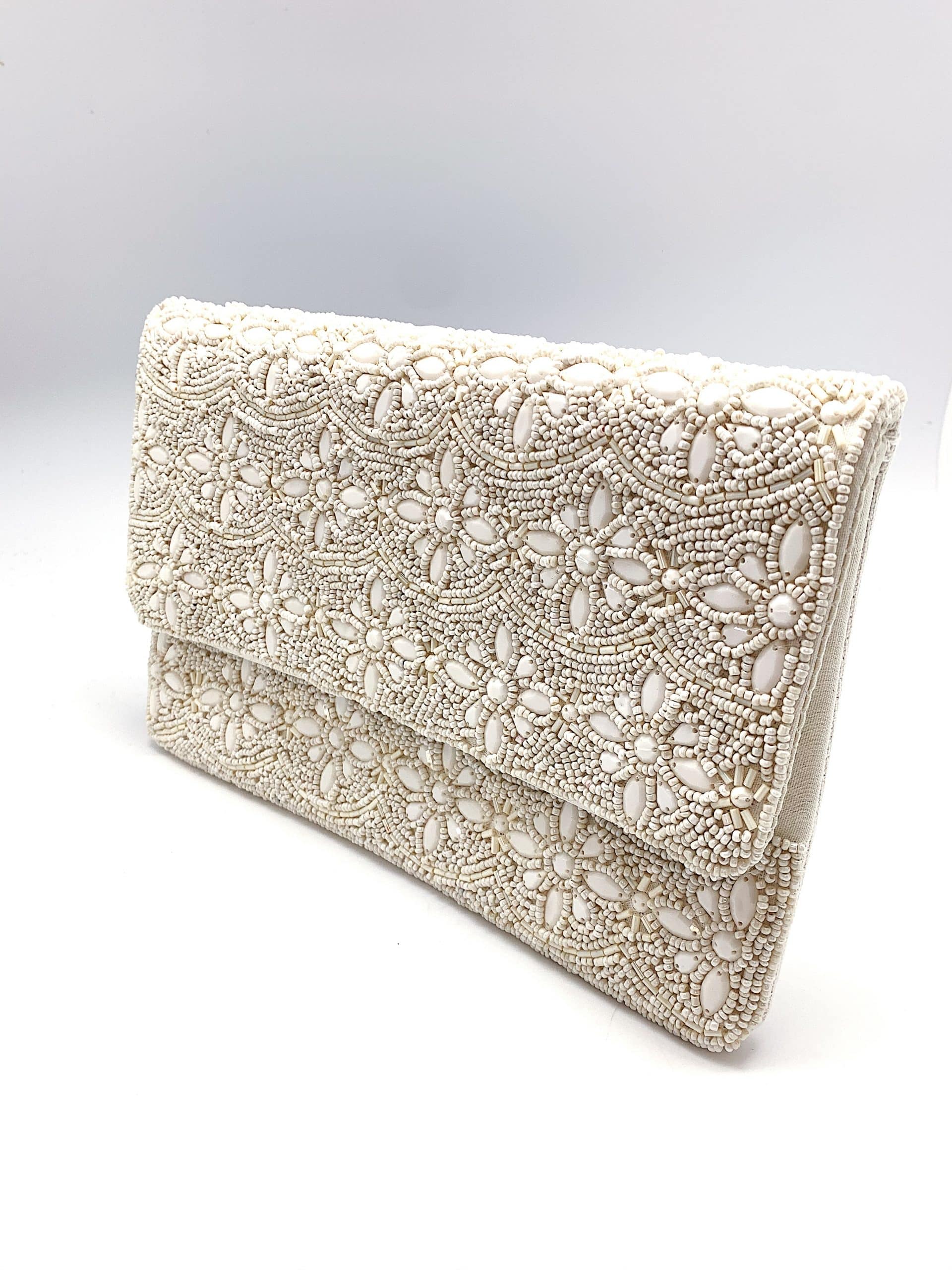 Cream Floral Beaded Clutch