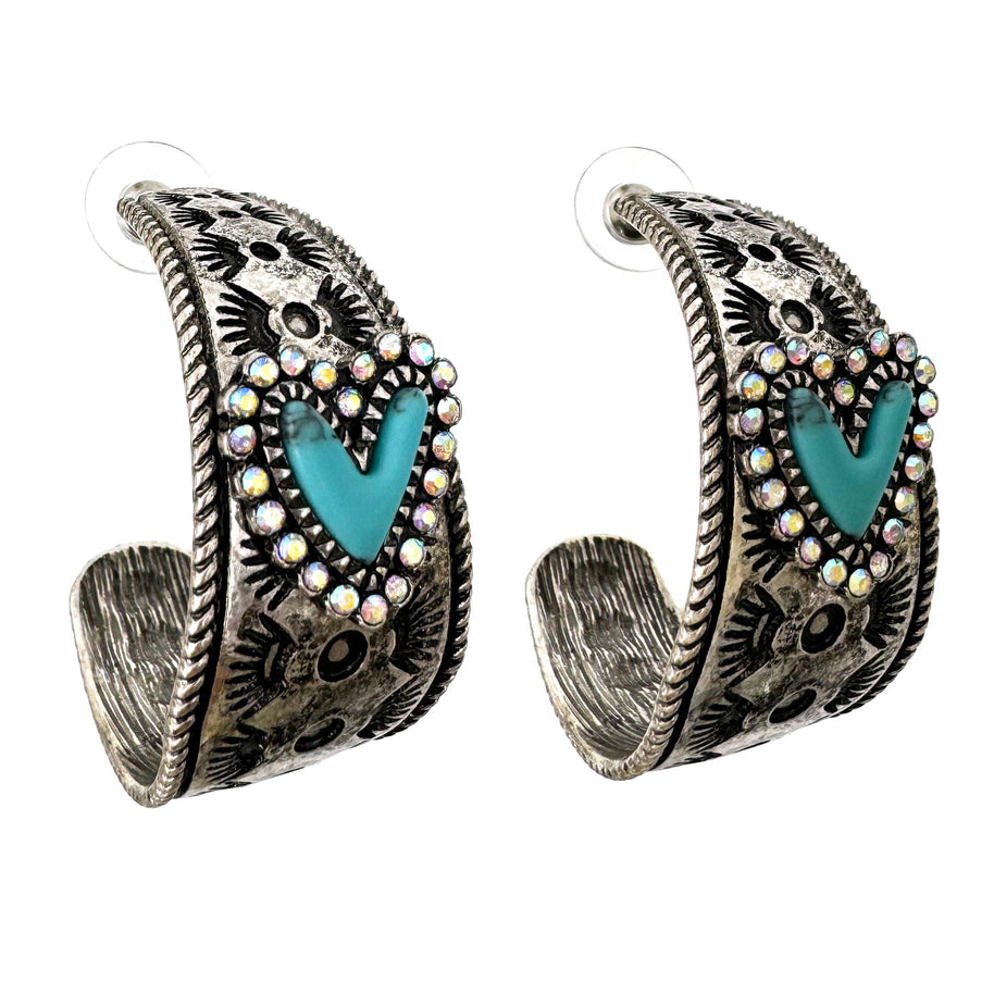 Turquoise Heart AB Rhinestone Hoop Earrings