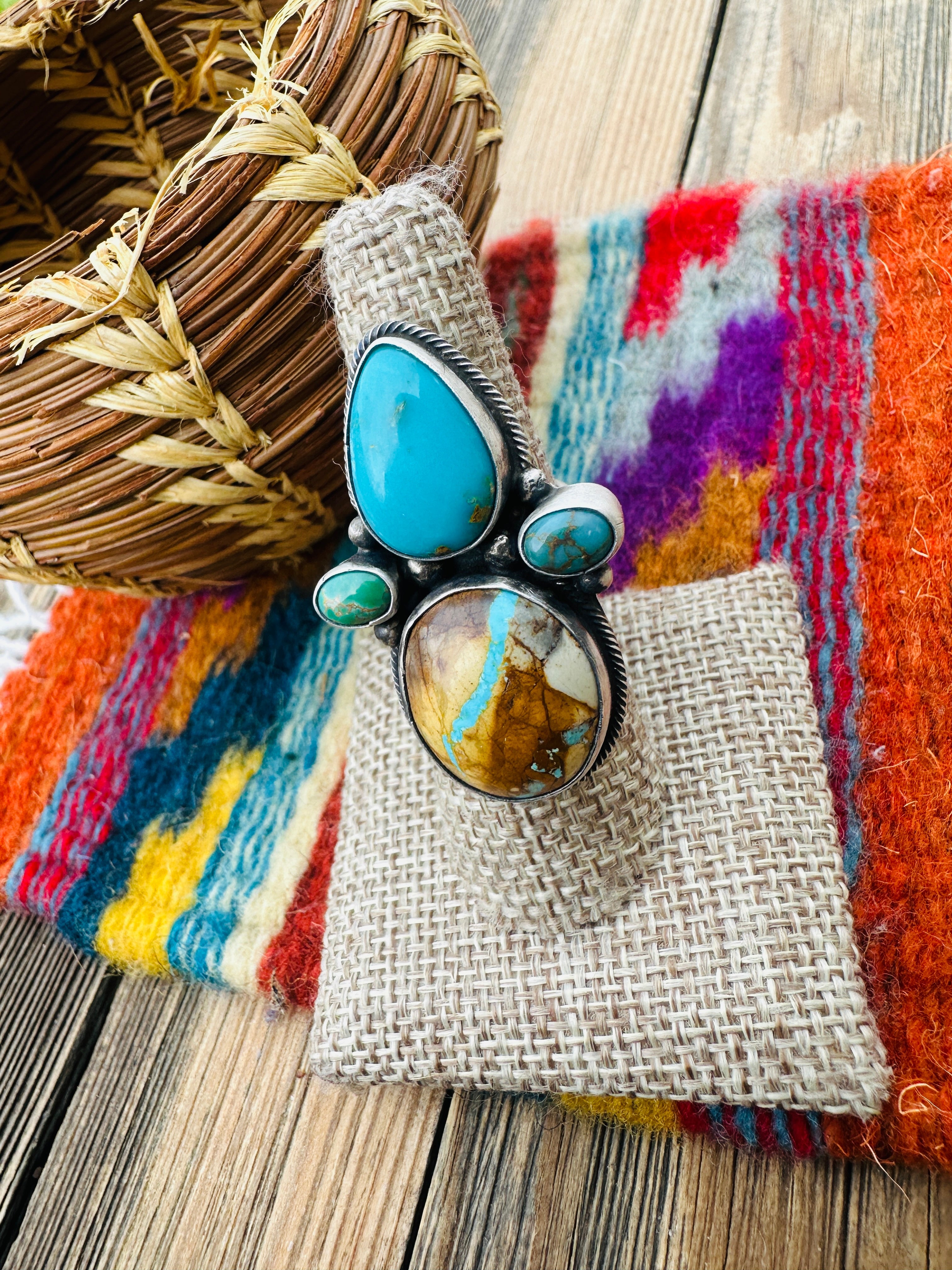 Handcrafted Multi Turquoise & Sterling Silver Adjustable Ring by Travis Jim