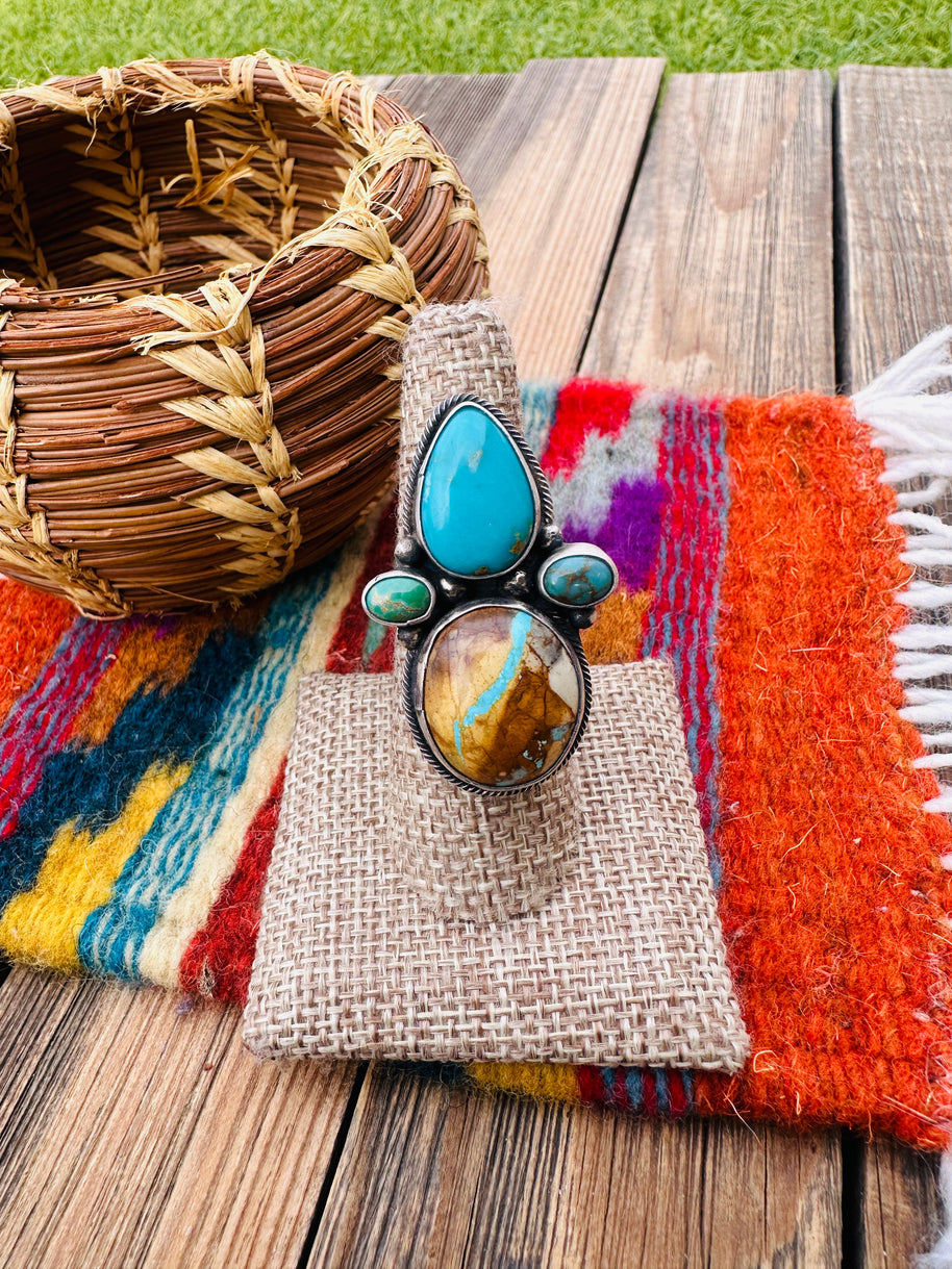 Handcrafted Multi Turquoise & Sterling Silver Adjustable Ring by Travis Jim
