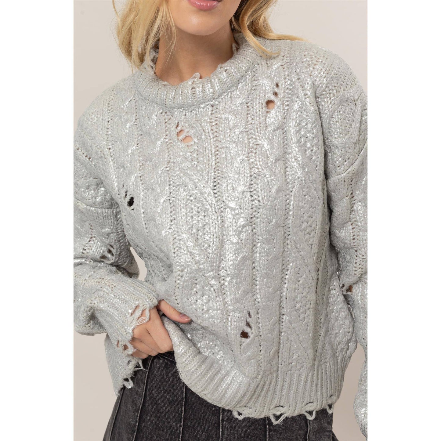 Metallic Foil Cable Knit Sweater