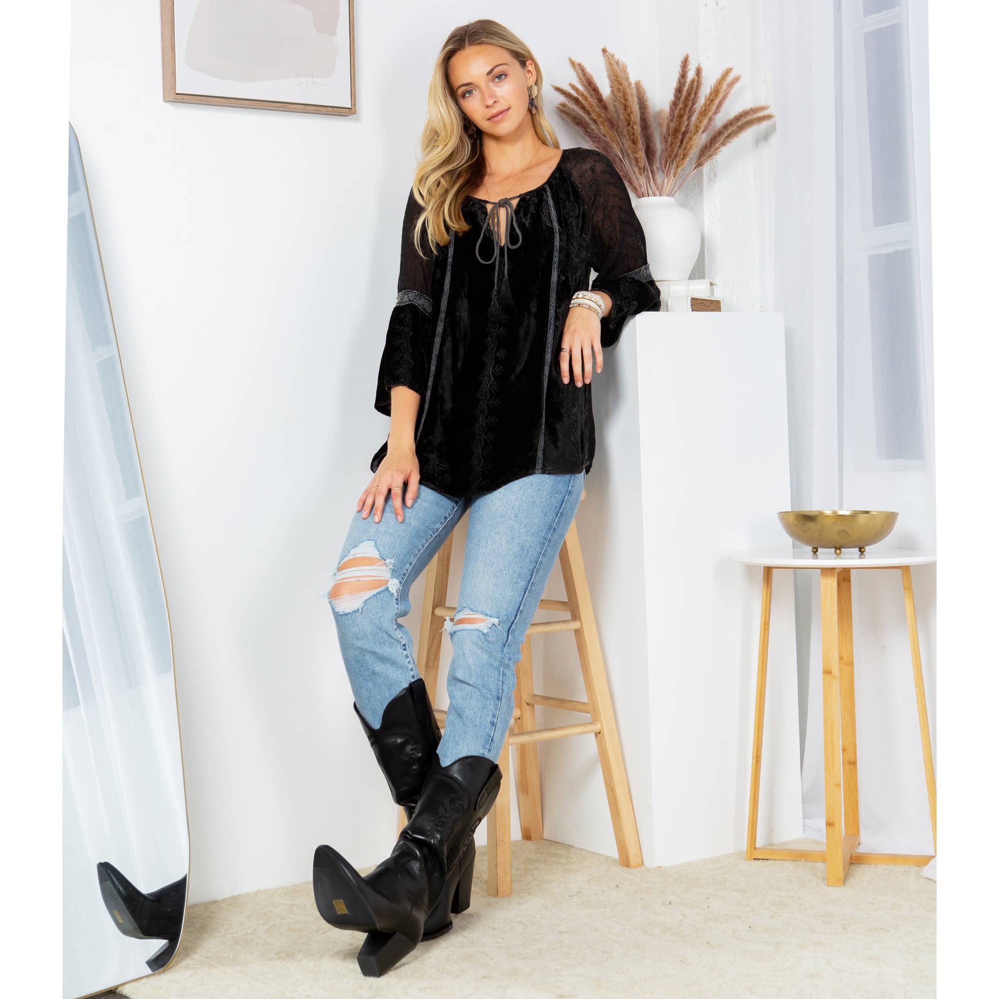 Velvet Patchwork Peasant Top