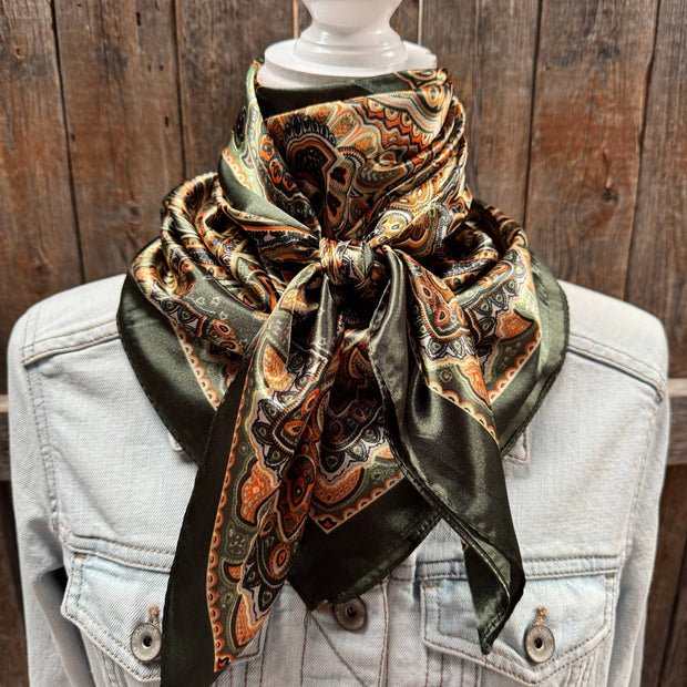 35X35" Olive Green and Orange Paisley Wild Rag  WR3451