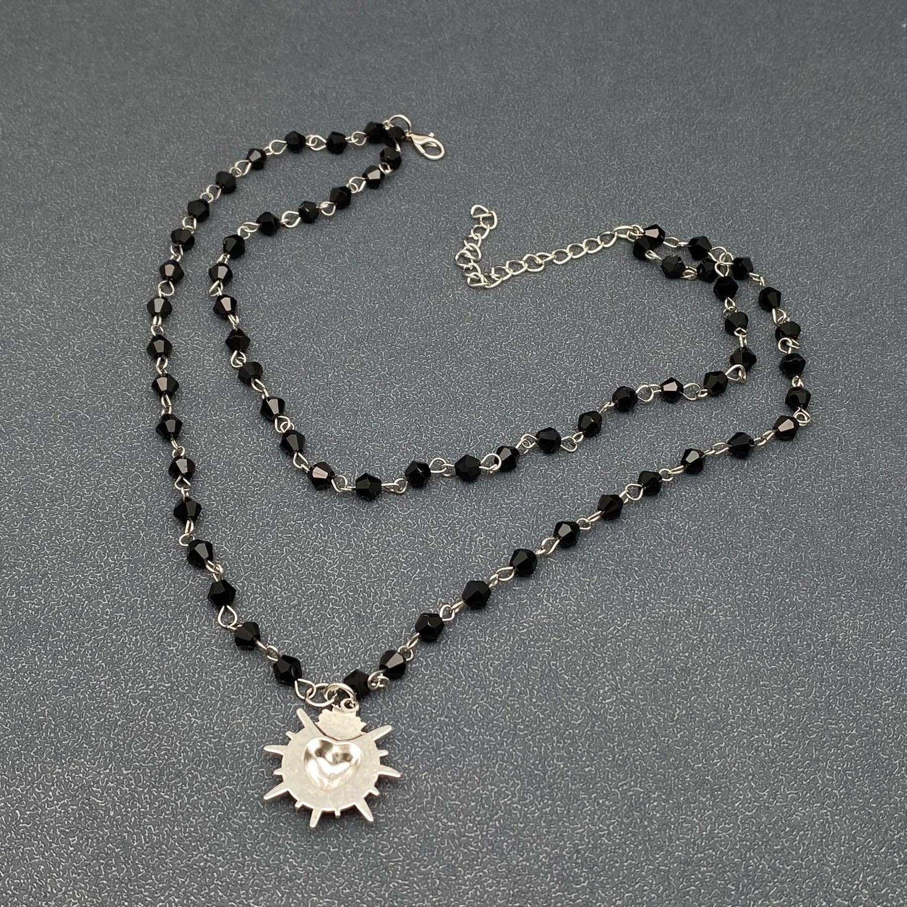 Gothic Black Heart Double Layered Crystal Beaded Necklace