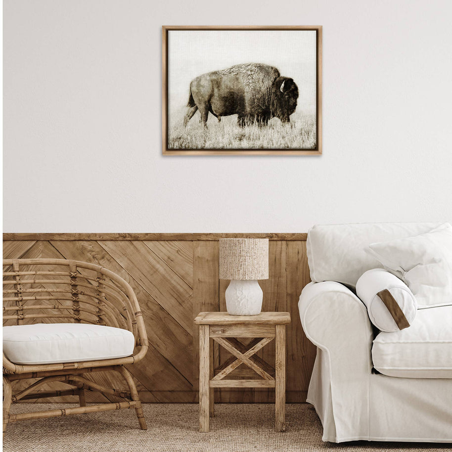 Bison Grazing in Field Floater Framed Art