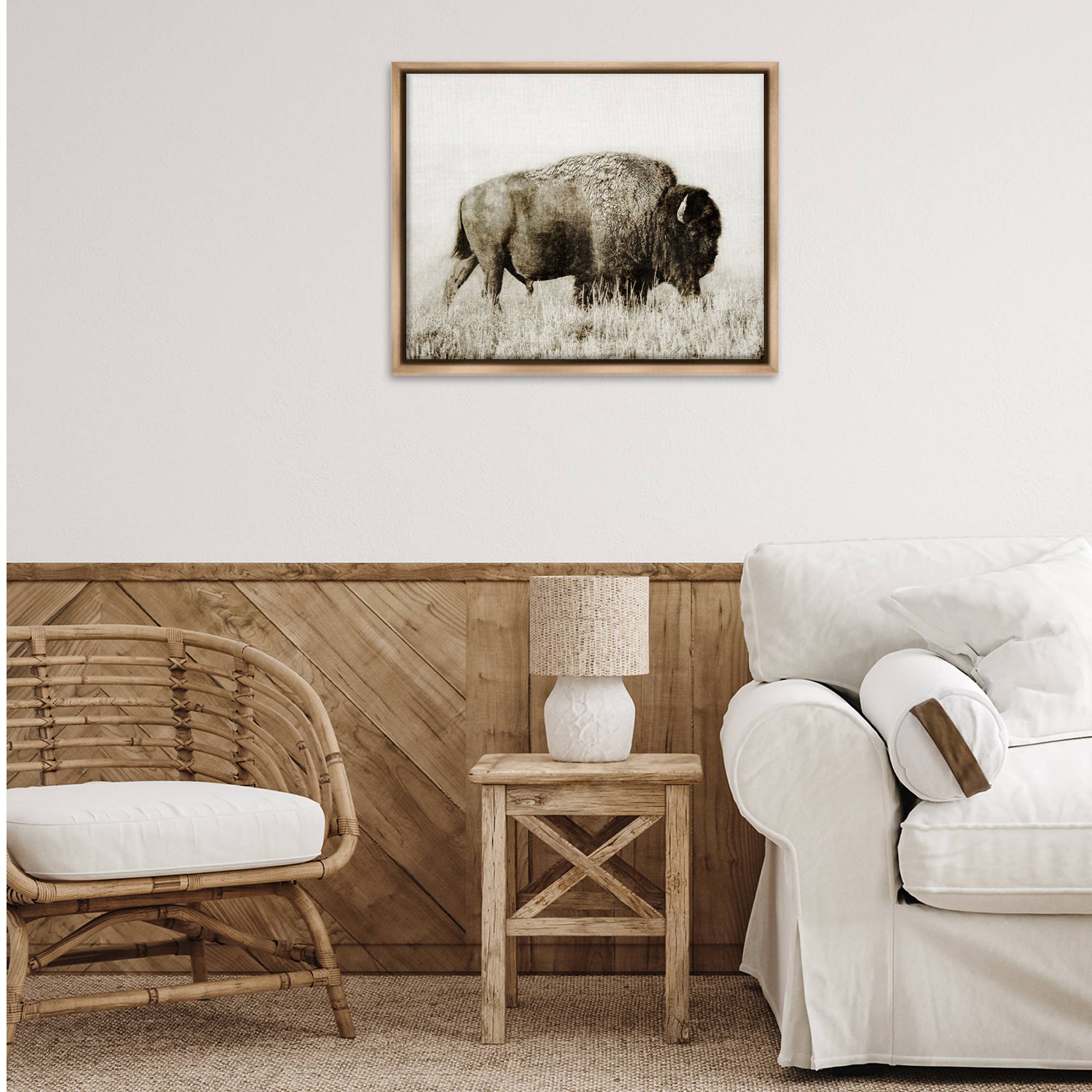 Bison Grazing in Field Floater Framed Art