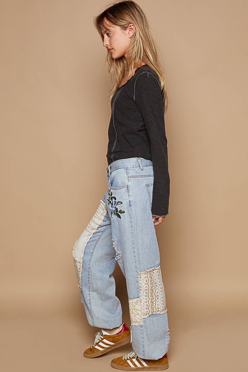 Embroidered Patchwork detail Jogger Pants