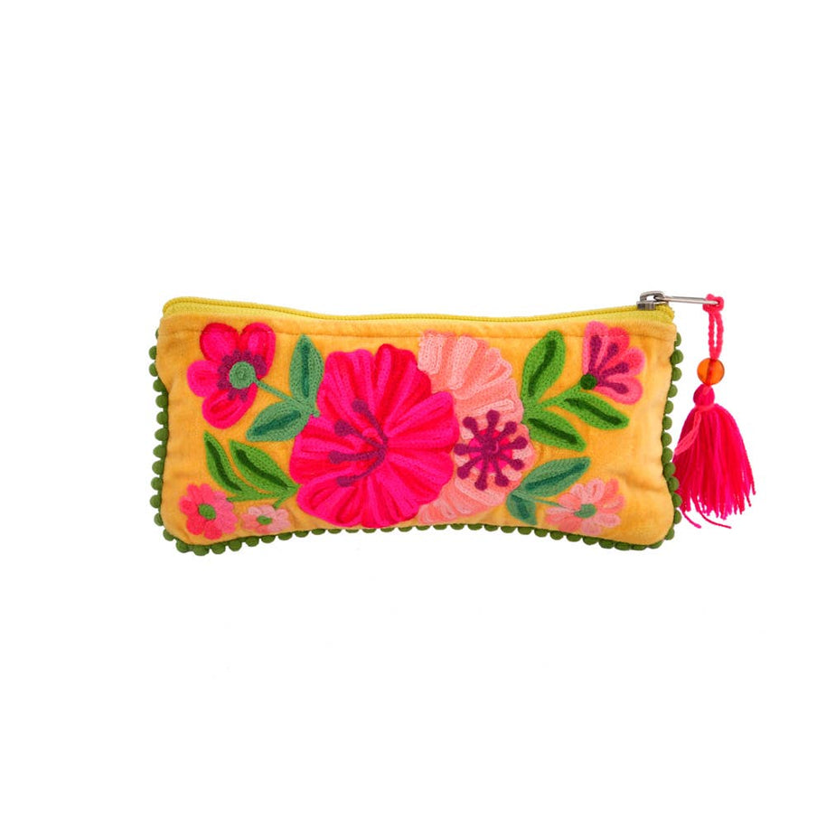 Floral Embroidery Velvet Jewelry Pouch 4x8"