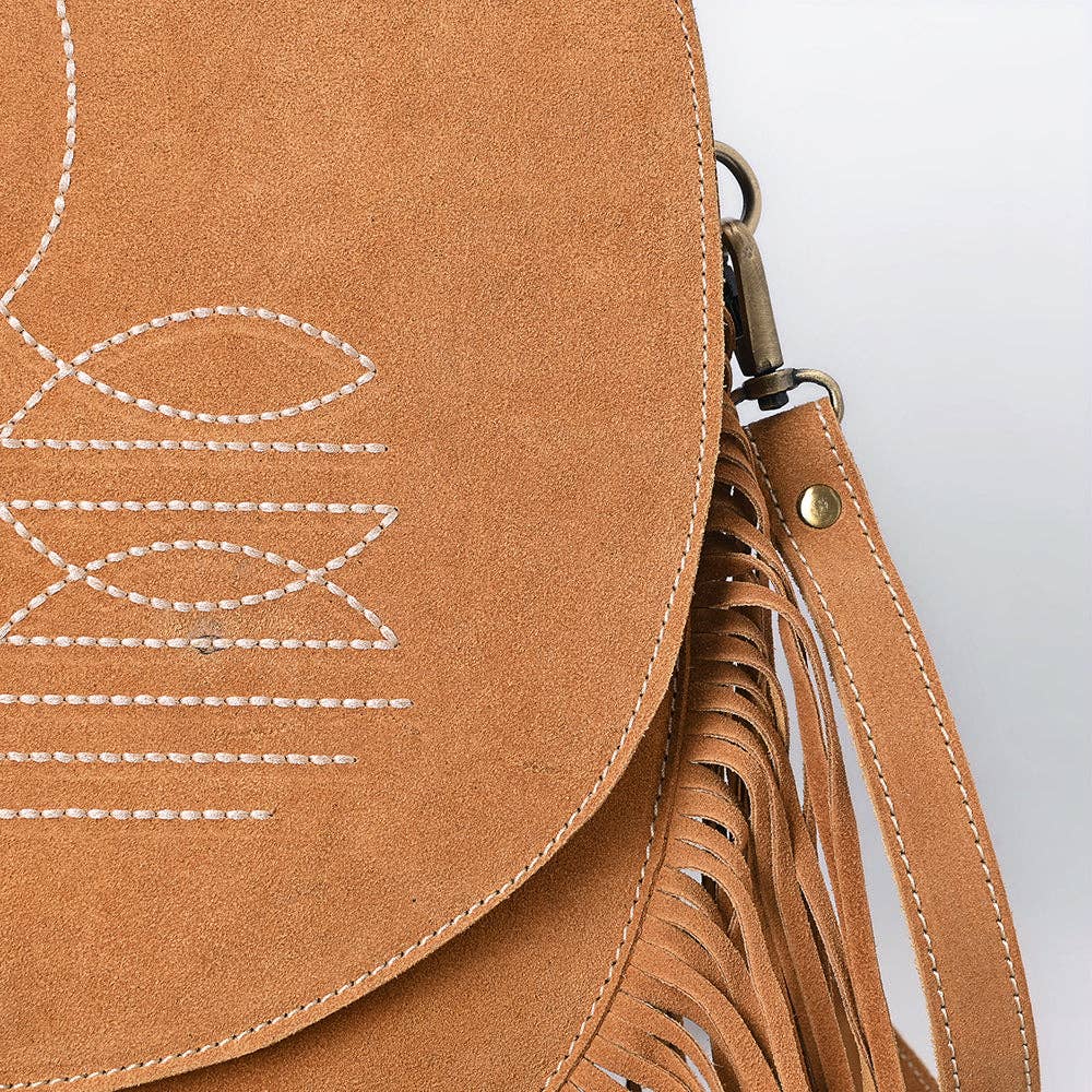 Suede Western Fringe Messenger Bag - White Stitch Design