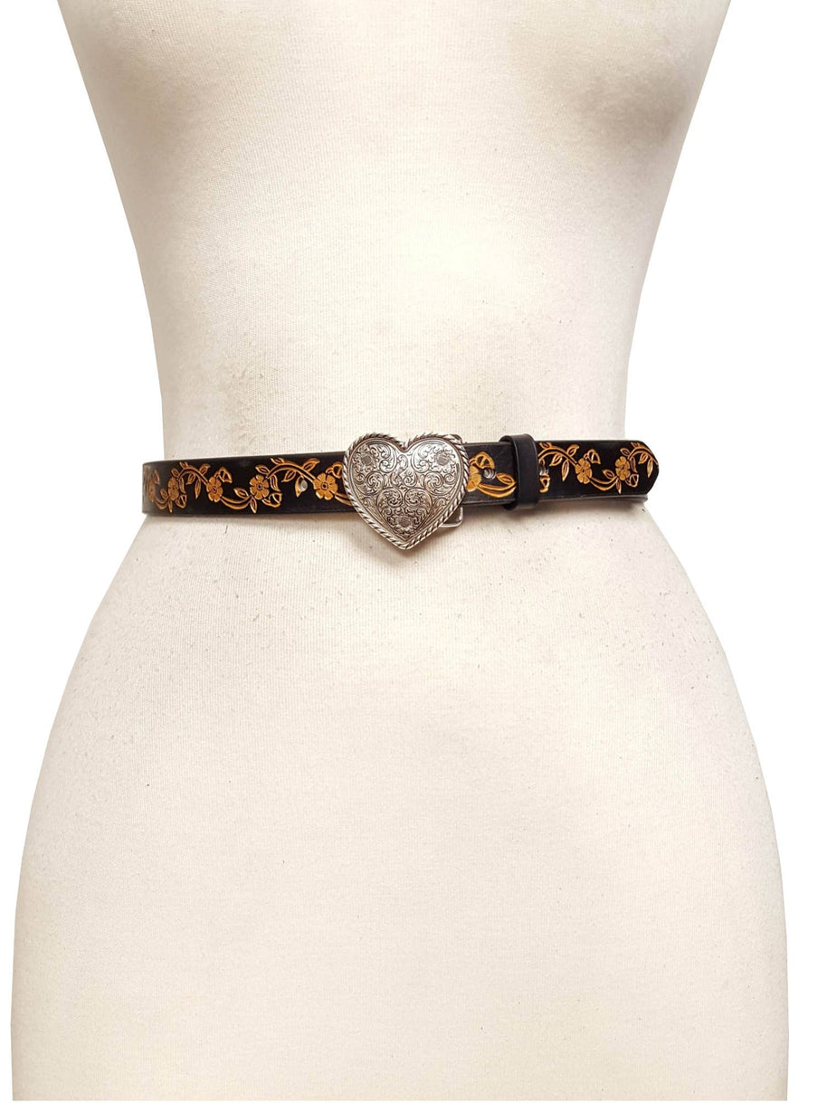 Western Silver Heart w. hand-Painted floral tooled belt