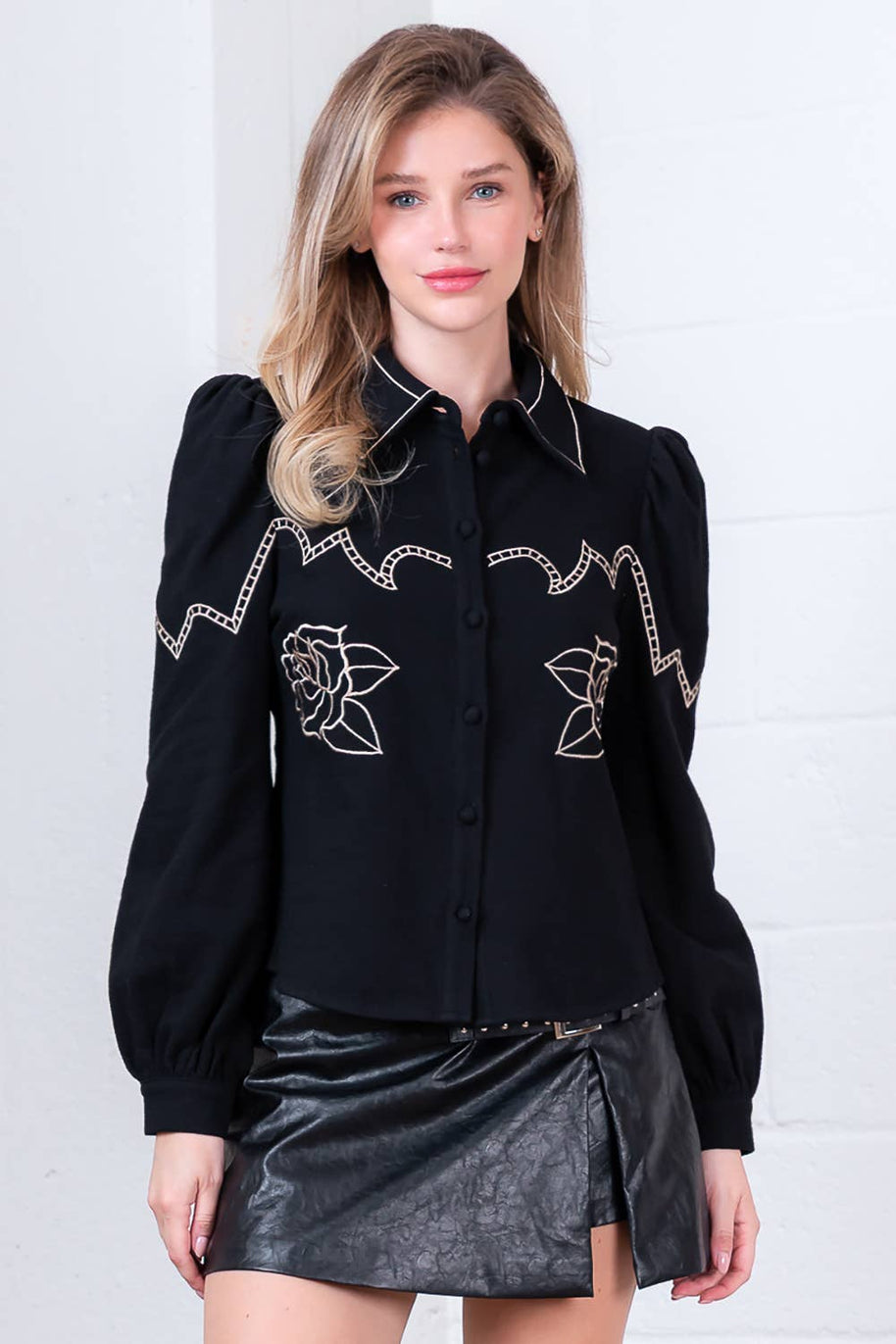 Black Button-Down with Embroidered Roses