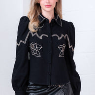 Black Button-Down with Embroidered Roses
