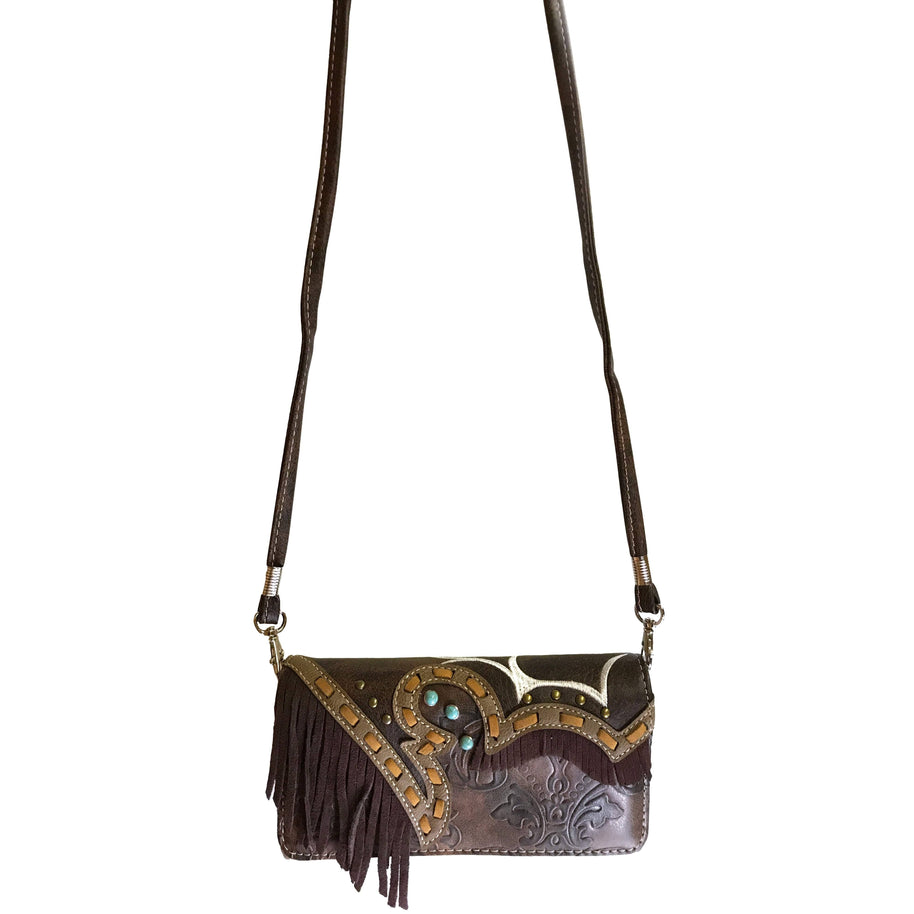 Suede Fringe Western Floral Crossbody Wallet