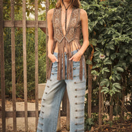 Western Horse Embroidery Fringe Vest