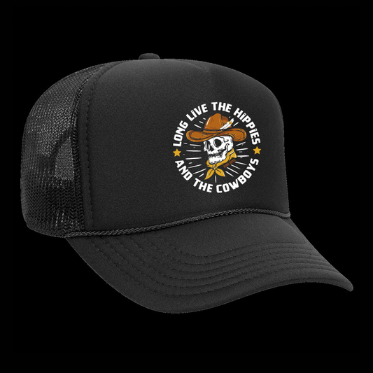 LONG LIVE HIPPIE AND COWBOYS TRUCKER HAT BLACK