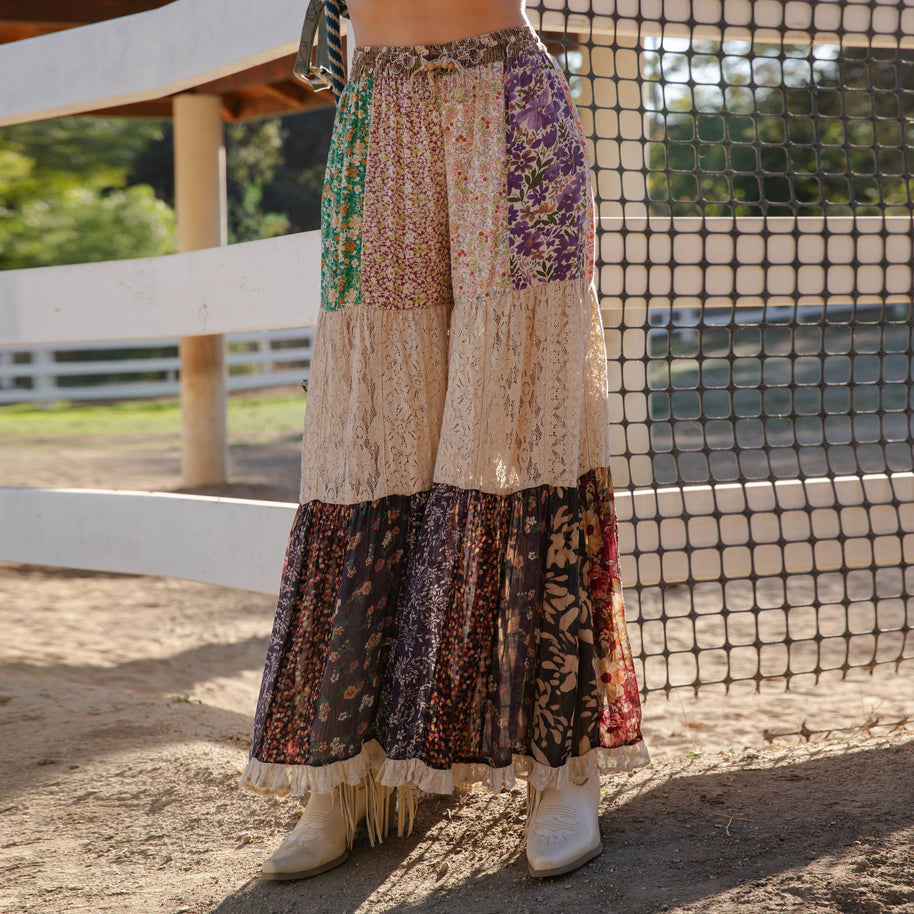 Boho Patchwork Print Tiered Lace Flare Pants (Wide Legs) 