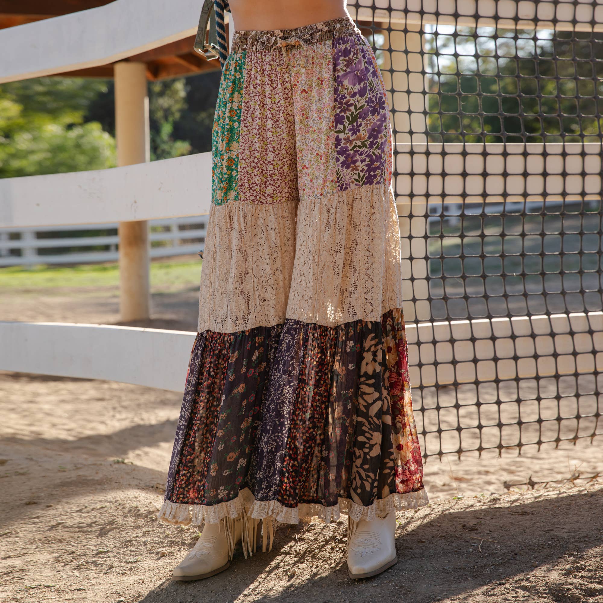 Boho Patchwork Print Tiered Lace Flare Pants (Wide Legs) 